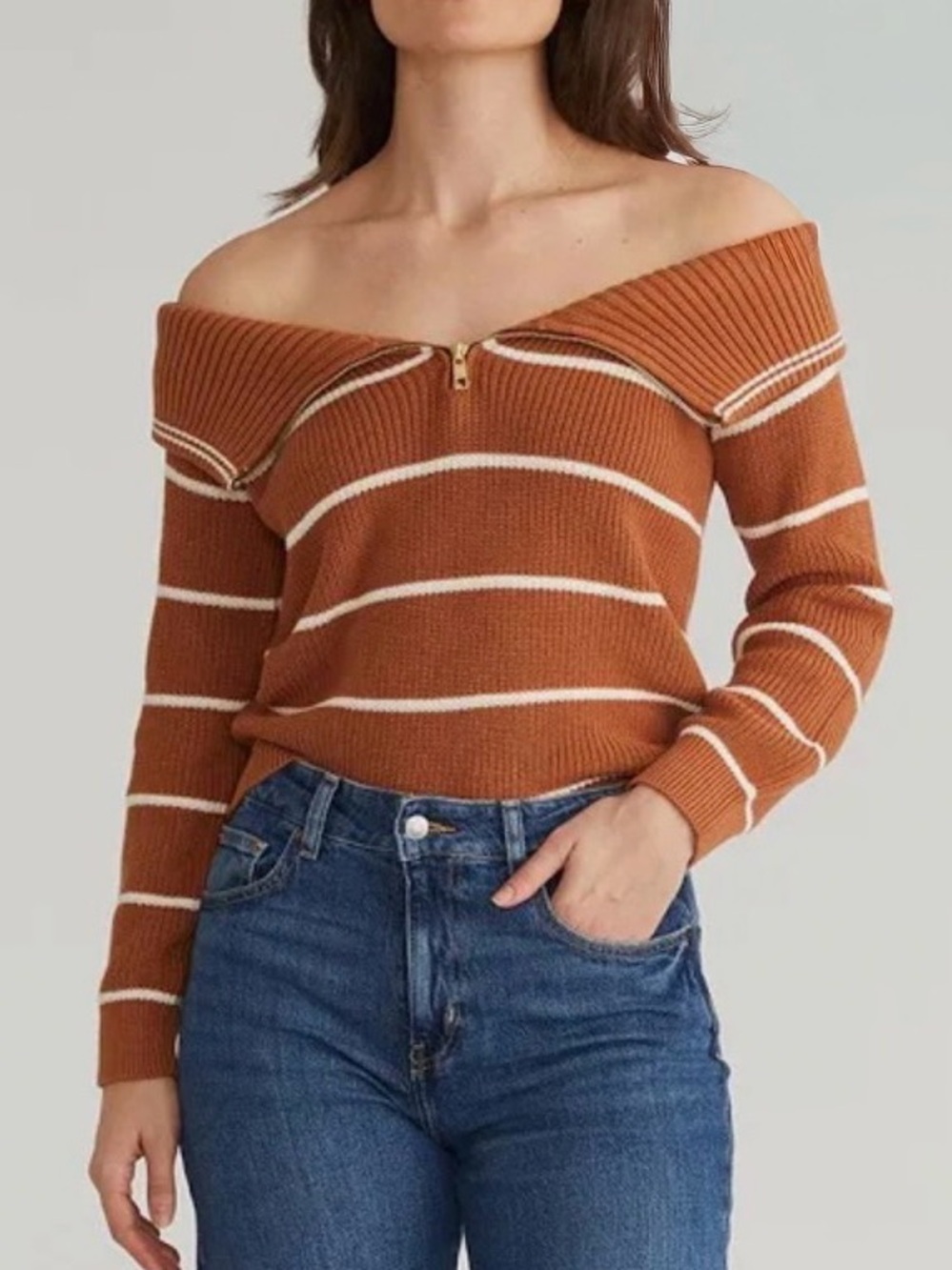 NWT 525 America Off Shoulder Stripe Sweater Pullover Cognac Brown White Anthro